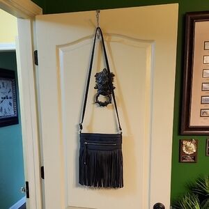 BLACK RIVET FAUX LEATHER FRINGED CROSSBODY PURSE
